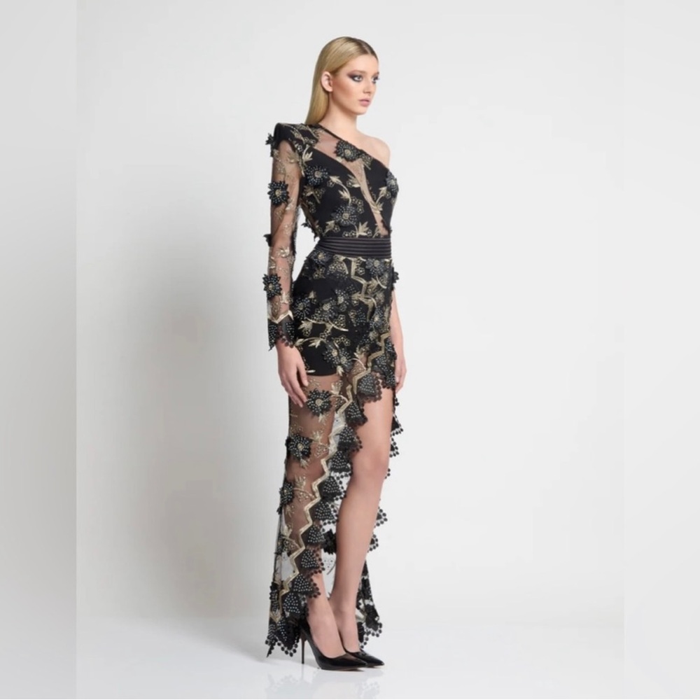 Zhivago Black and Gold Sheer Embellished One-Shoulder Gown